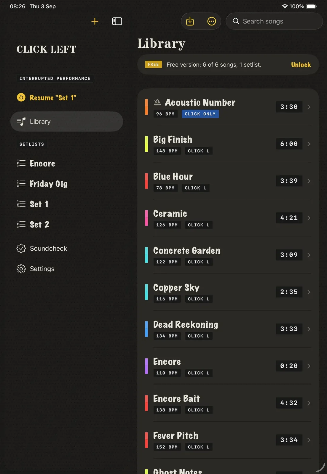Click Left library showing imported songs, tempo and detected click channel.