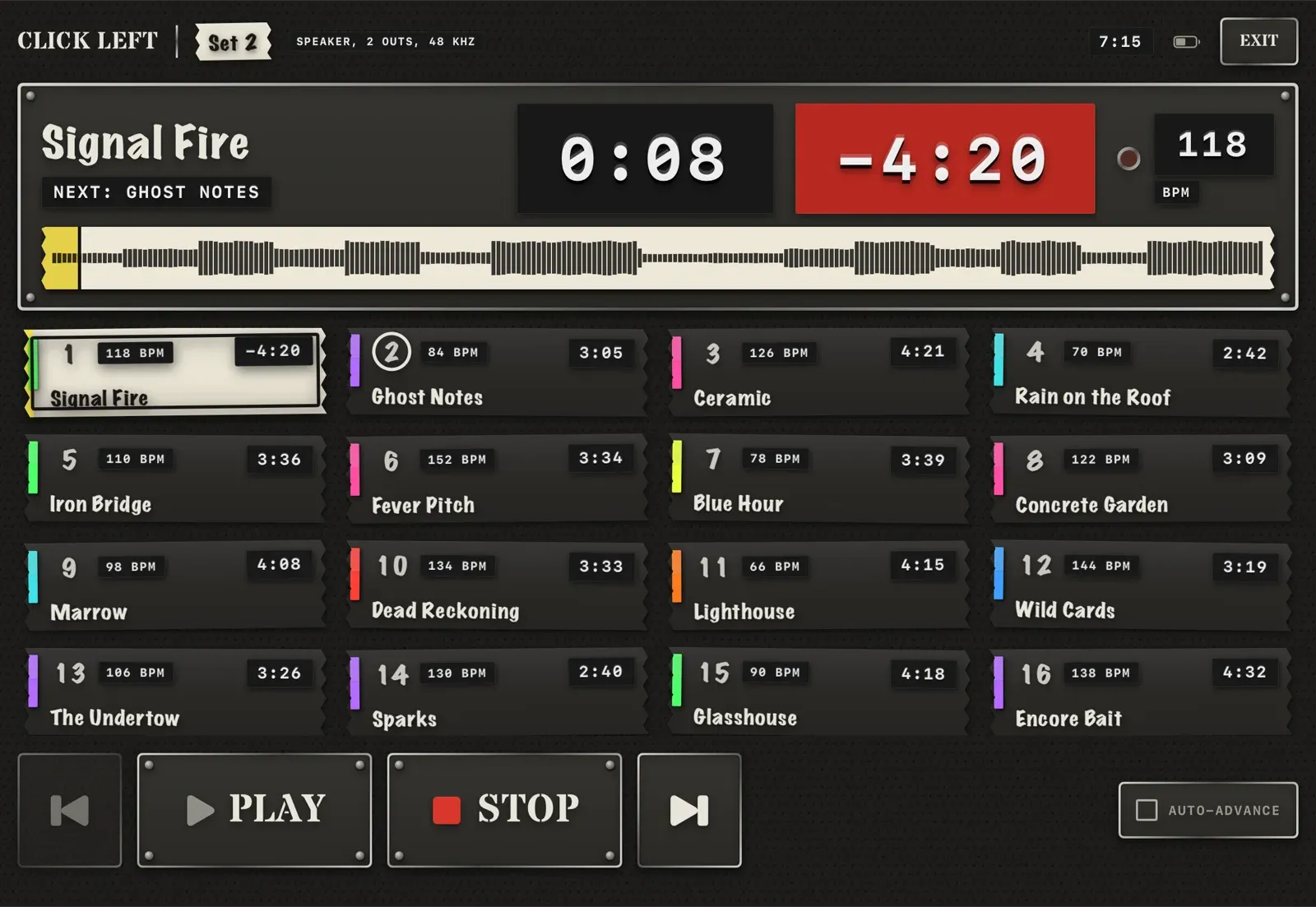 Click Left performance screen showing a sixteen-pad setlist, waveform, timers, tempo and transport controls.